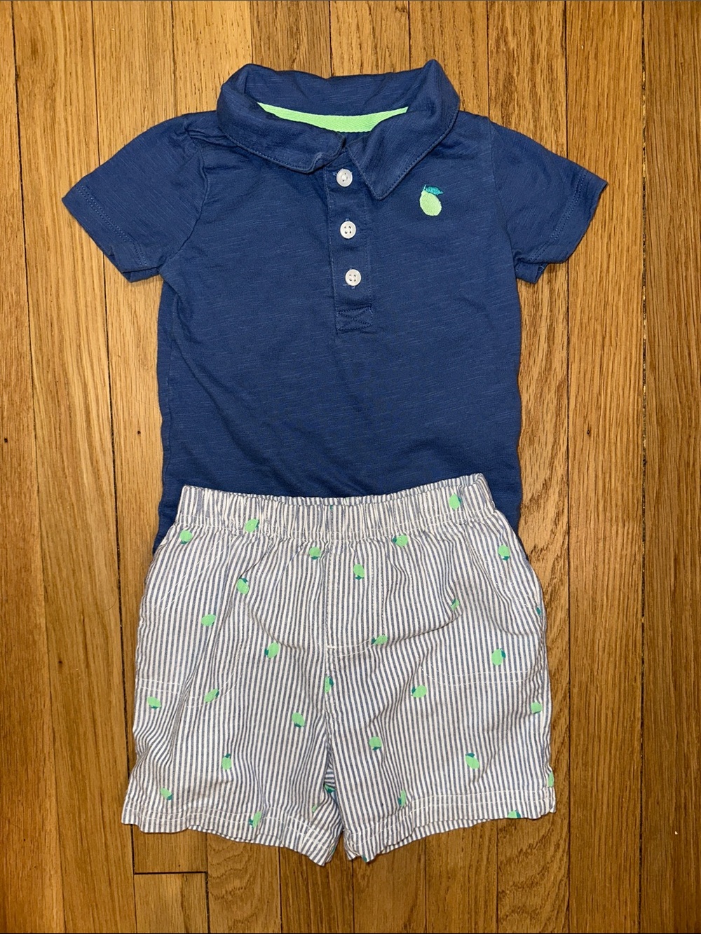Carter’s Blue Polo Shirt and Striped Shorts Set with Lime Print